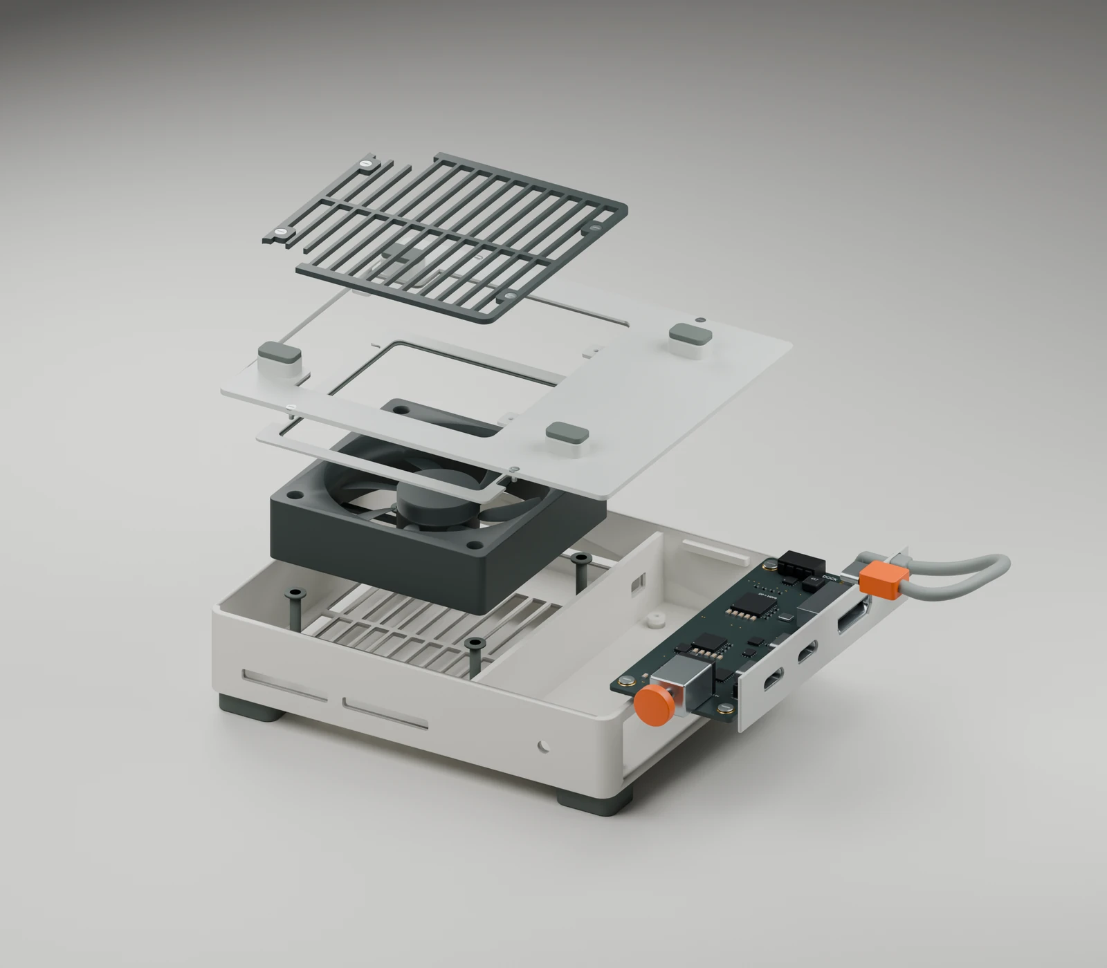 Exploded V11 assembly showing grille and deck, fan and seals, separate electronics and enclosure, with no storage lid or clamps.