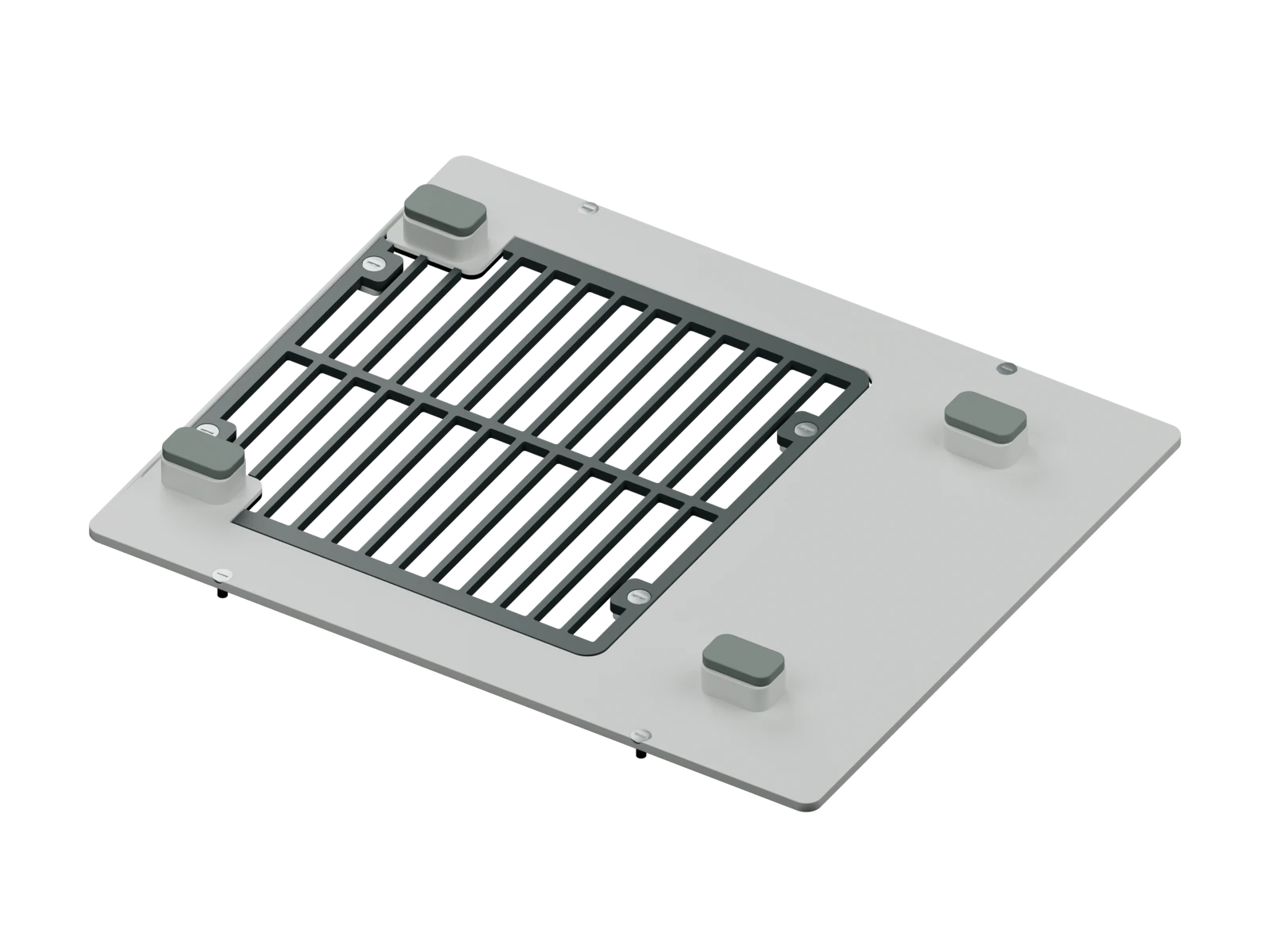 V11 removable graphite grille and structural deck with four low gray silicone phone contacts.