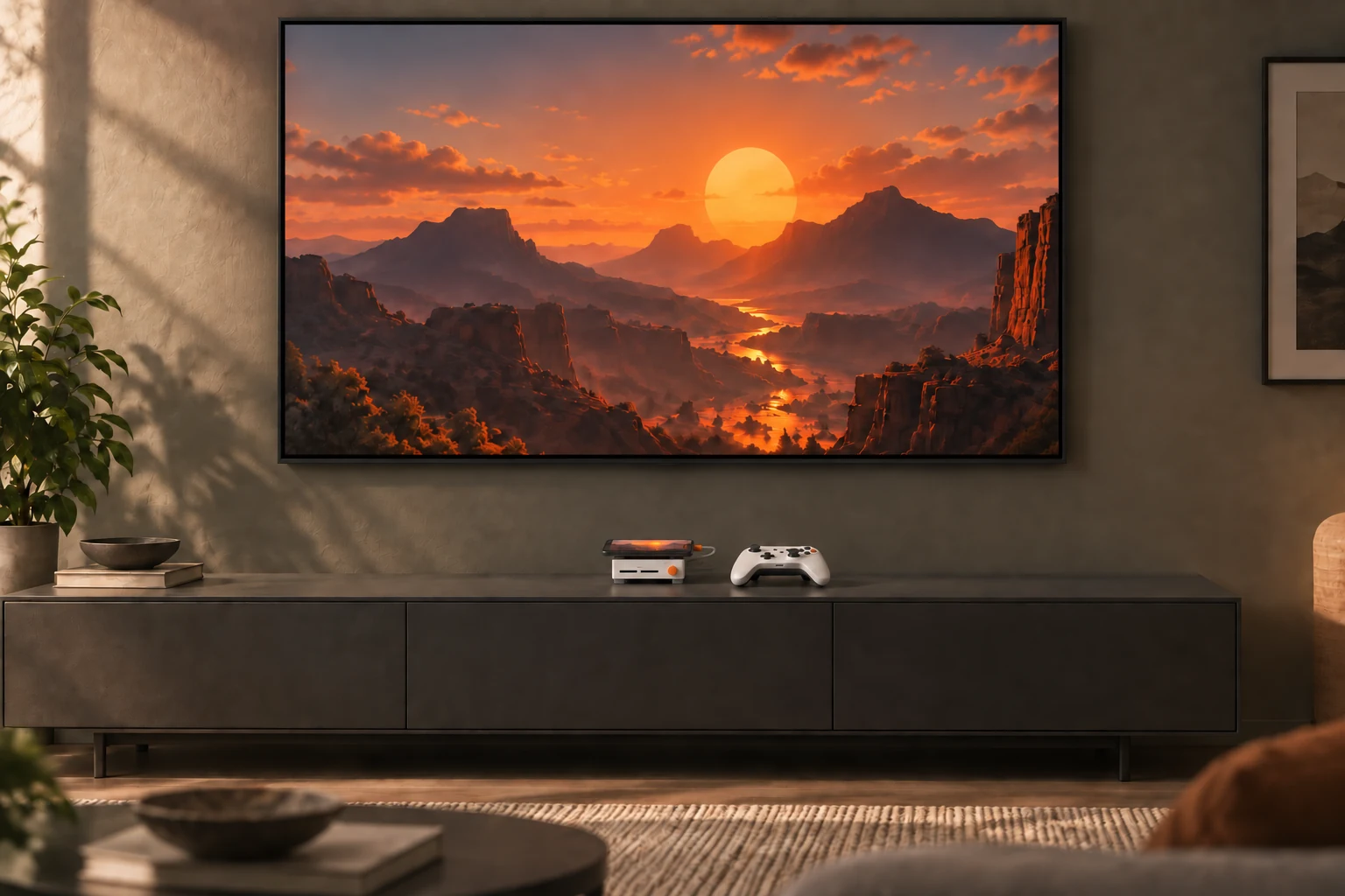 Dockade V11 living-room concept: a large 65-inch television above a media console, with a compact warm-white dock and wireless controller below. A landscape phone rests level on the dock. Both screens show an imagined orange canyon in soft daylight.