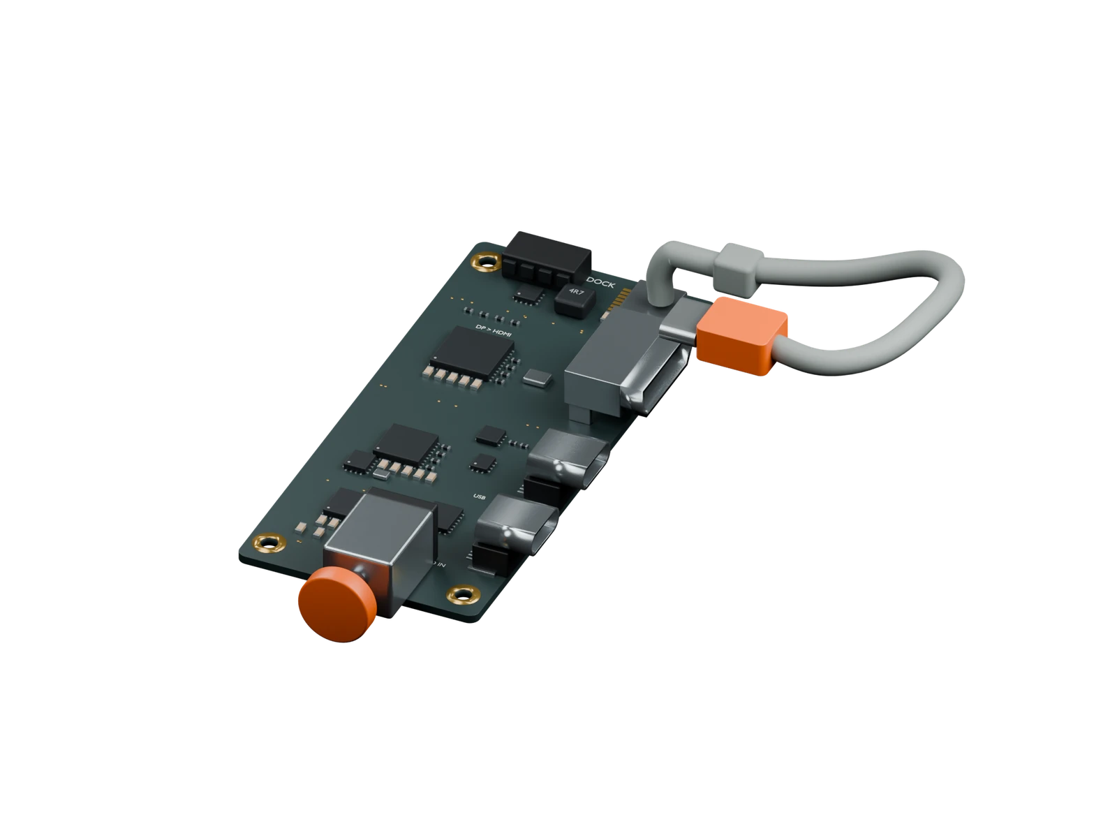 V11 proposed PCB with two USB-C receptacles, HDMI, circular orange fan control and captive USB-C host lead.