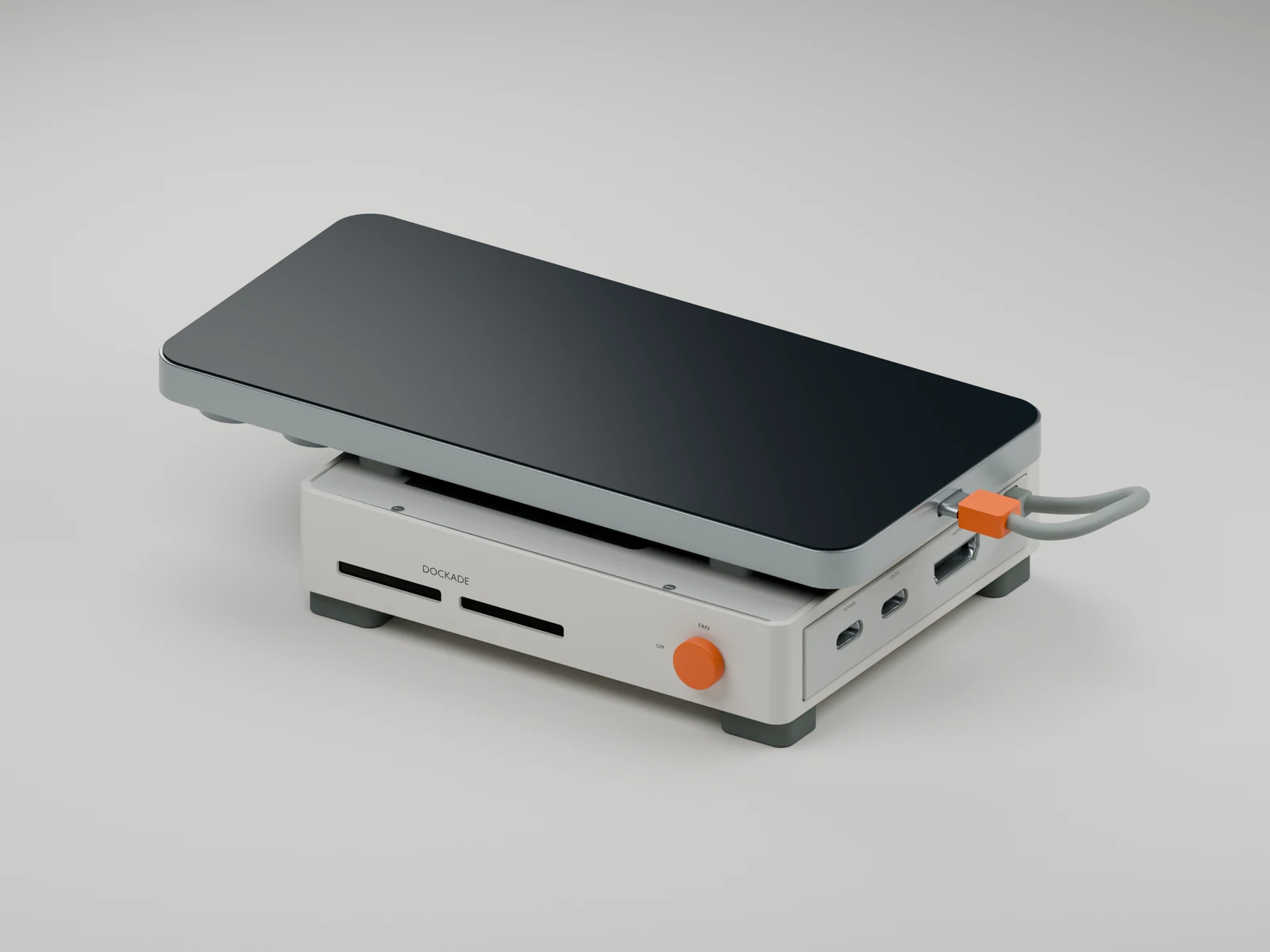 A generic phone resting horizontally on the four low padded contacts of the open-top V11 dock, connected by its orange-tipped USB-C lead.
